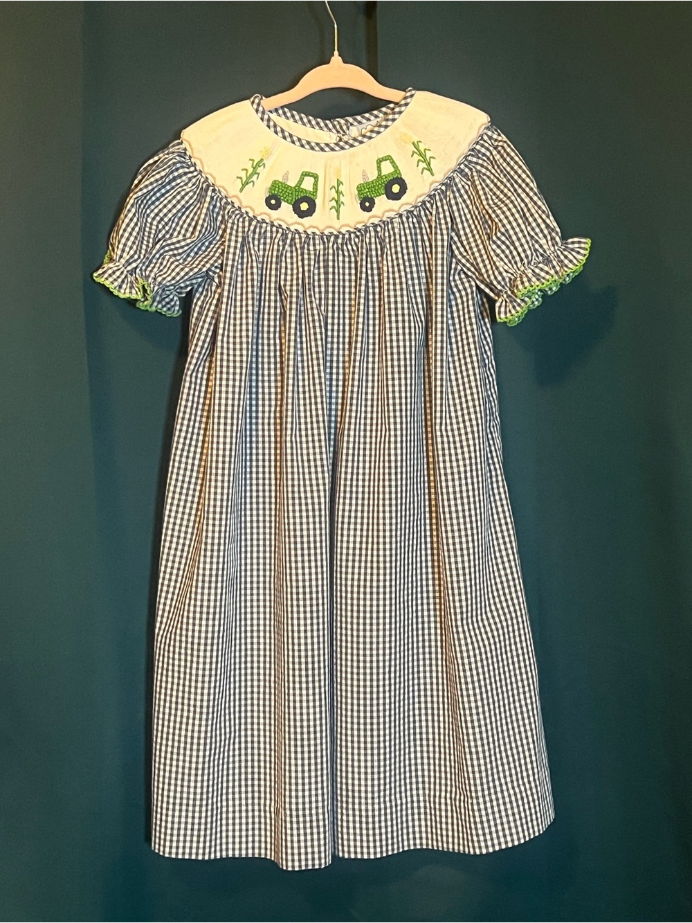 Blue Gingham Kids Dress with Green Tractor Smocking